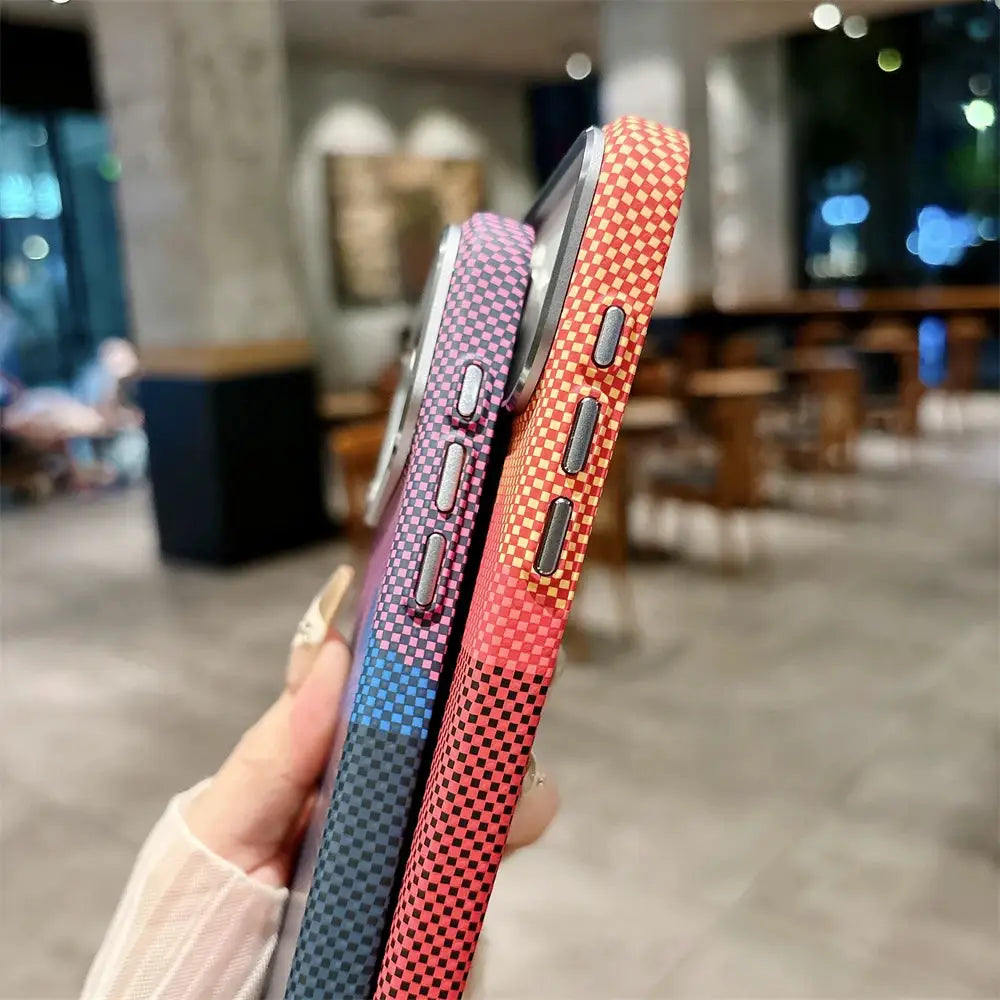 Two luxury Kelvar carbon fiber phone cases for iPhone 17 series, colorful checker pattern, magnetic wireless charging