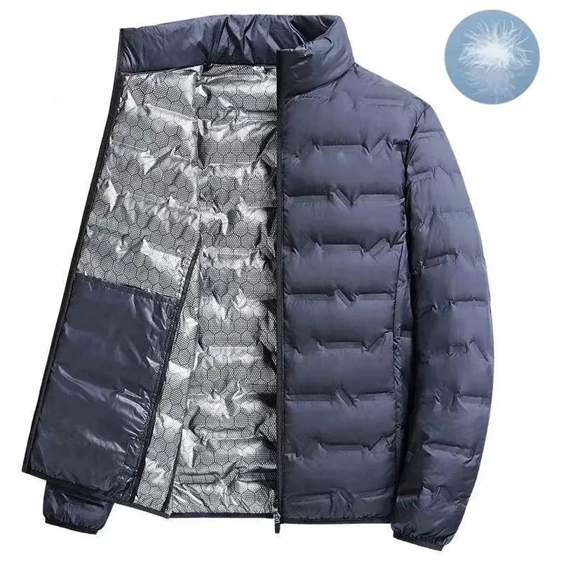 Men's navy down jacket with hood; quilted puffer with front zipper