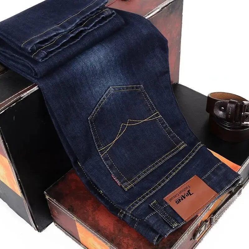 Men's Simples Market straight jeans, dark blue denim with yellow stitching