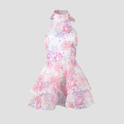 Floral Printed Backless Mini Dress Sleeveless A Line Party Clubwear