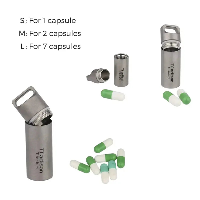 Tiartisan Titanium mini pill bottle by Simples Market; waterproof EDC capsule with lid and green and white pills