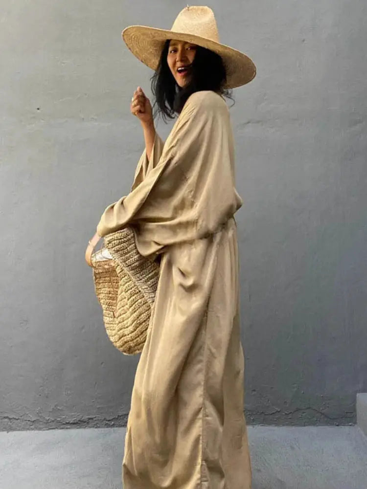 Coastline Solid Beach Cover Up Women Self Belted Wrap Kimono Dress Flattering Wrap Design For Breezy Summer Beachwear