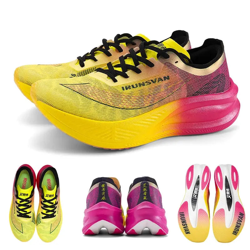 IRUNSVAN nylon carbon-plate marathon running shoes, neon yellow with pink gradient midsole and black laces
