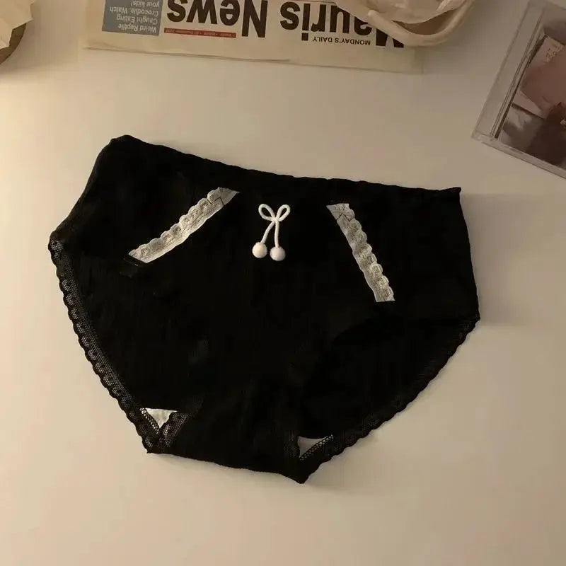 Simples Market black lace-trimmed mid-waist panties for women with white bow