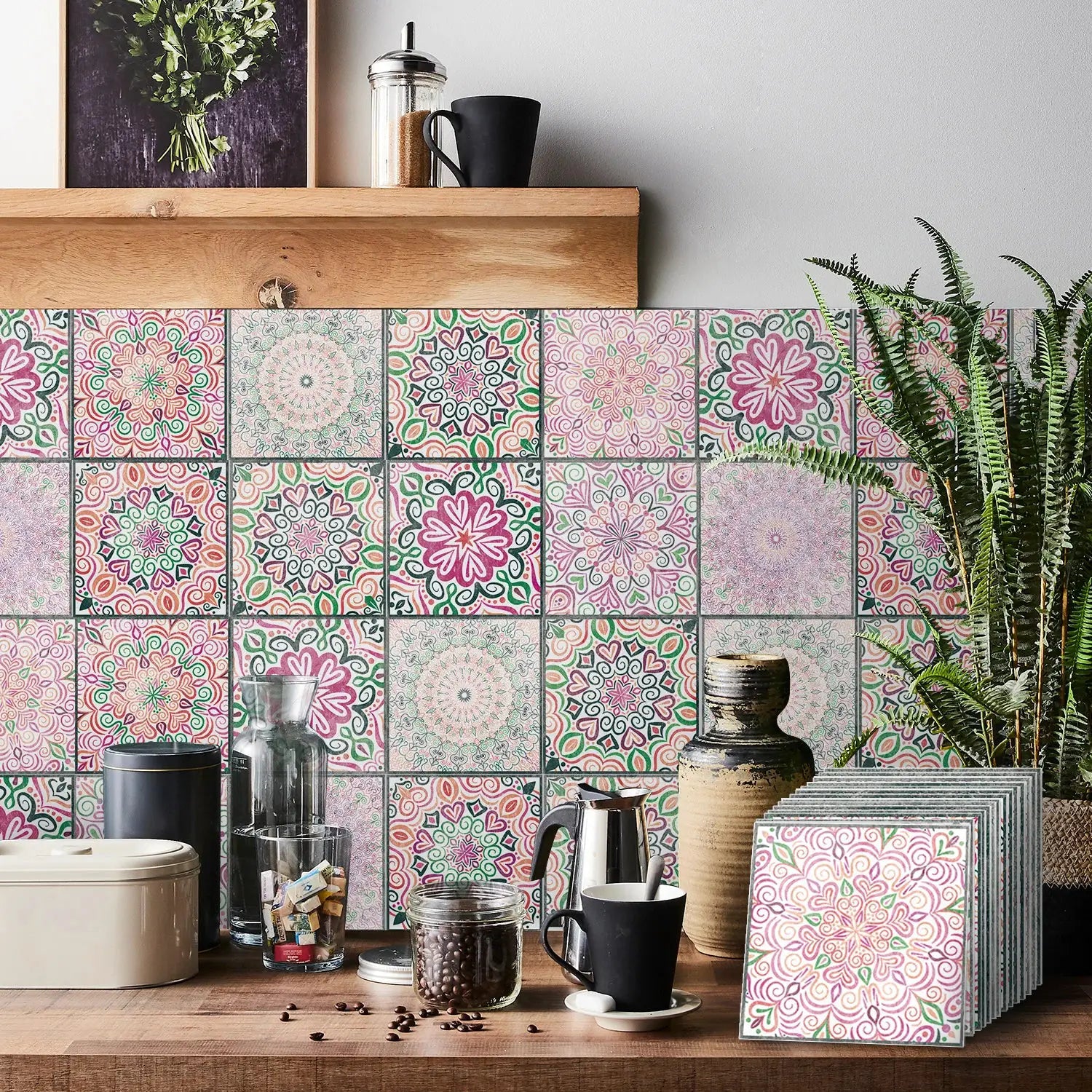 Simples Market 24-piece tile self-adhesive wall sticker set with colorful mandala patterns for backsplash, waterproof
