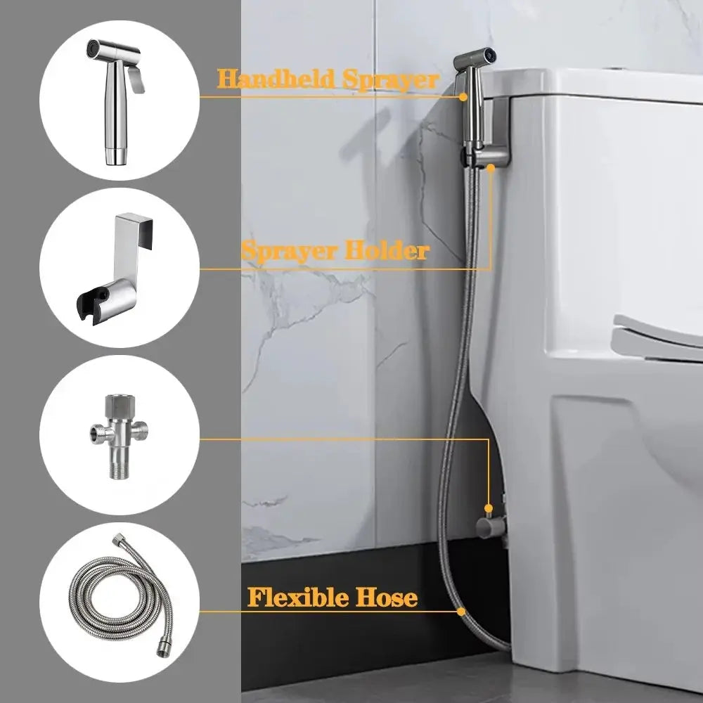 Handheld bidet sprayer set, 4-piece chrome finish with wall holder and flexible hose beside toilet