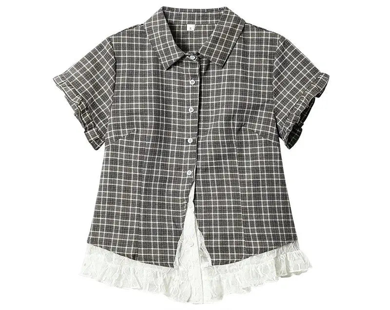 Lace patchwork plaid shirt for women by Simples Market, gray plaid with white lace trim, short sleeves