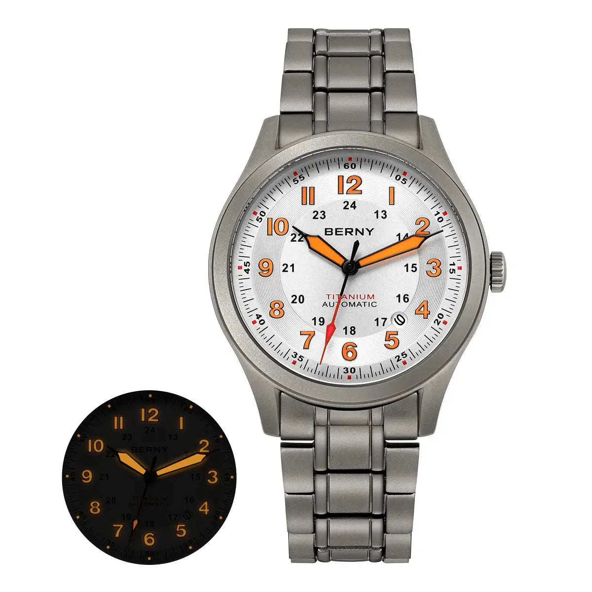 BERNY titanium automatic men's watch with white dial, orange numerals and hands, date window, 10 ATM, metal bracelet