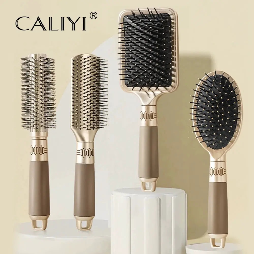 CALIYI hair massage air cushion brush set, 4-piece with beige-gold handles and black bristles