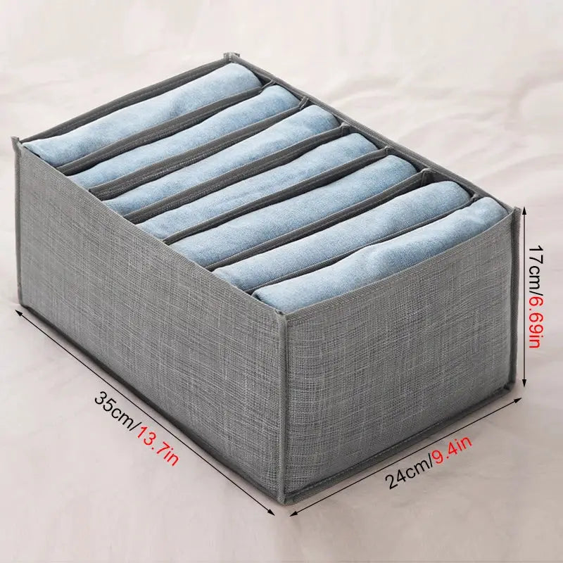 Gray fabric clothes organizer box with six compartments for underwear, socks, and tees