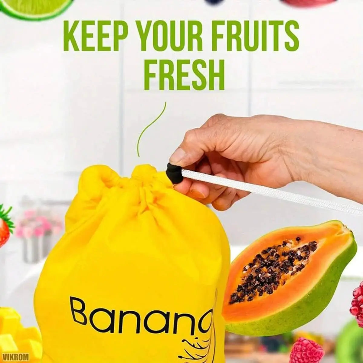 Yellow insulated aluminum-film banana storage bag with drawstring keeps fruit fresh