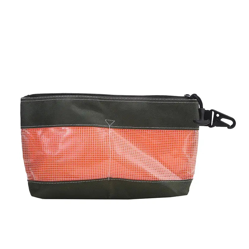 Transparent PVC organizer pouch with orange mesh panel and dark green trim, clip-on side
