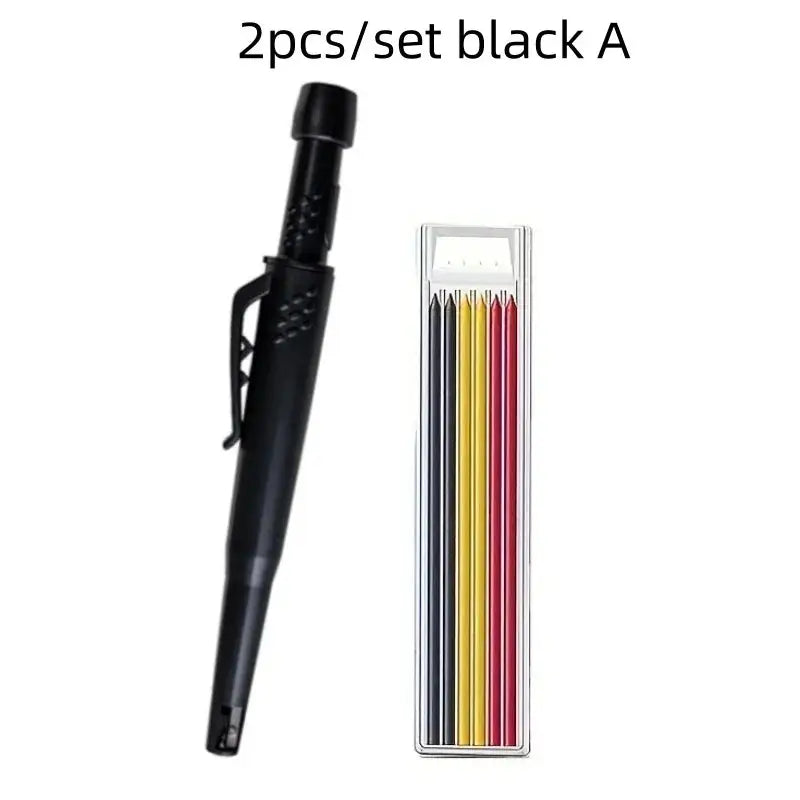 Black mechanical carpenter pencil with built-in sharpener and a metal case of colored pencils (2pc set)