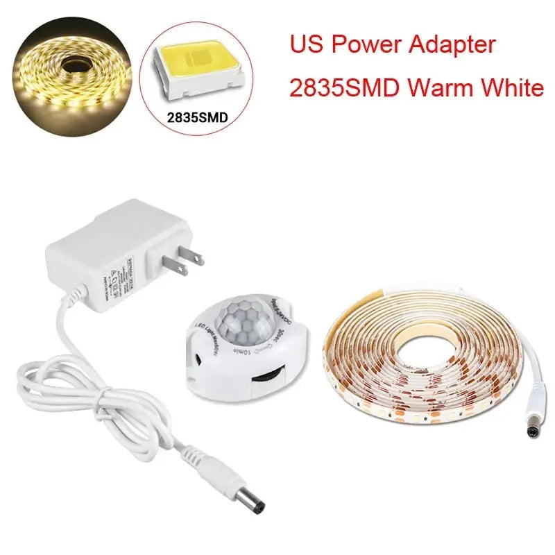 Simples Market under-cabinet LED strip kit with motion sensor, warm-white 12V power adapter, and controller