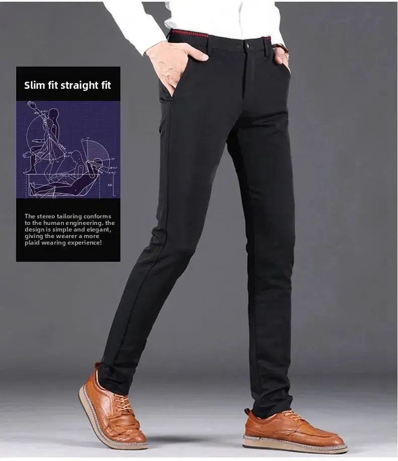 Simples Market men's elastic waist slim-fit dress pants, black wrinkle-resistant office trousers.