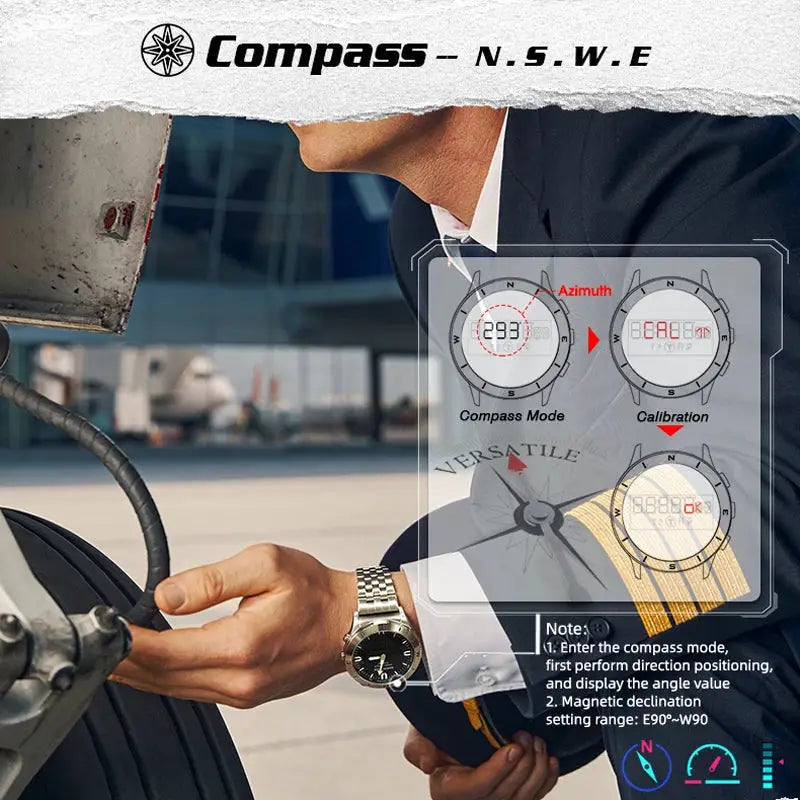 NORTH EDGE men's sport watch with silver steel bracelet and black dial; compass features shown.