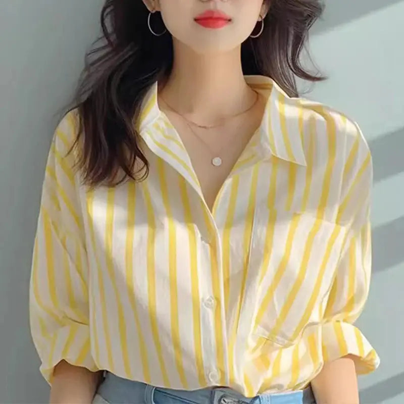 Yellow and white striped women's shirt, long-sleeve, casual European style, Simples Market