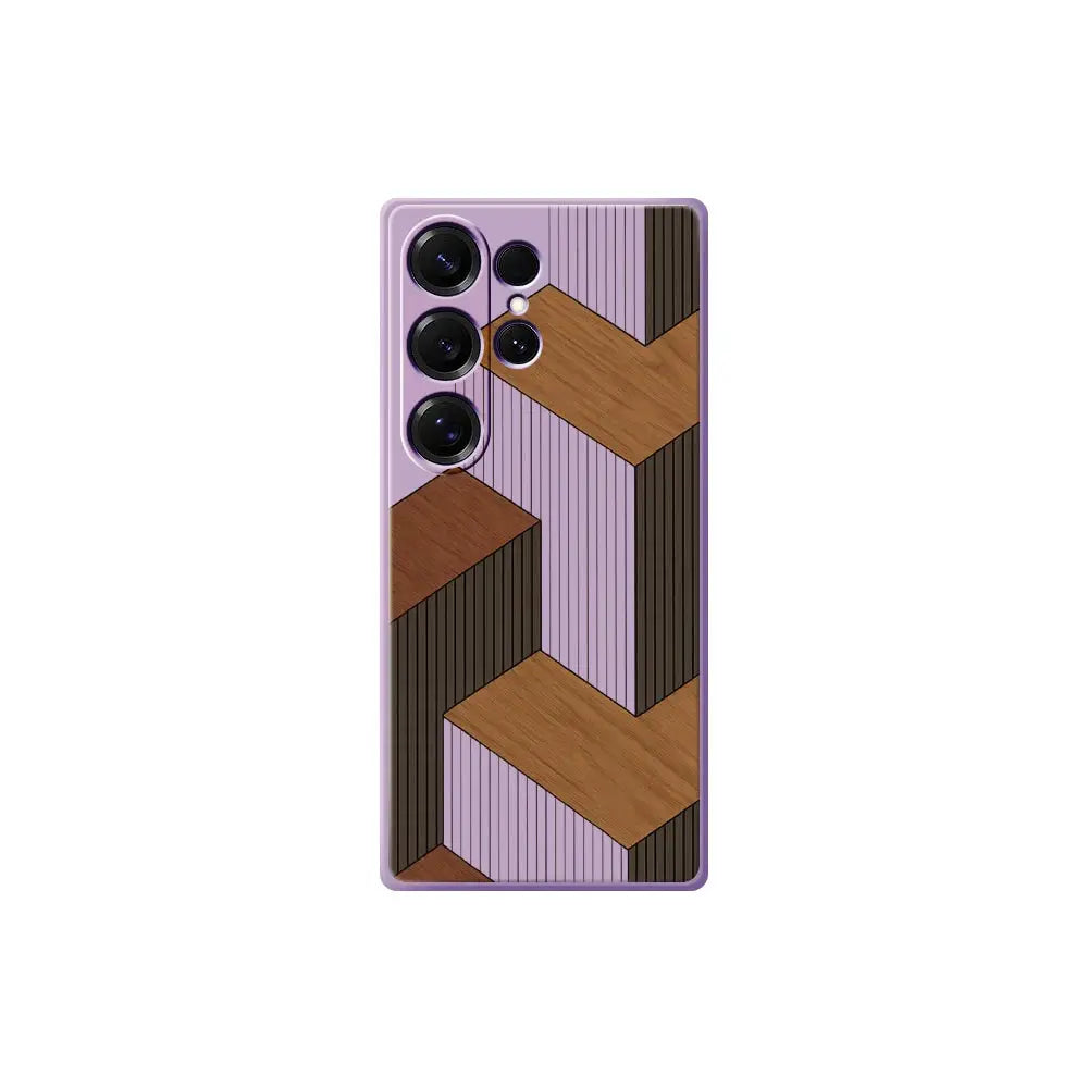 Geometric wooden-pattern Samsung Galaxy S26 Ultra phone case; purple silicone back with wood-panel accents