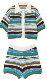 Women Patchwork Striped Crochet Knit Set Polo Collar Shorts Y2K Style