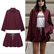 Casual Women Two Piece Set Lace Up Jacket Lantern Sleeve Mini Skirt