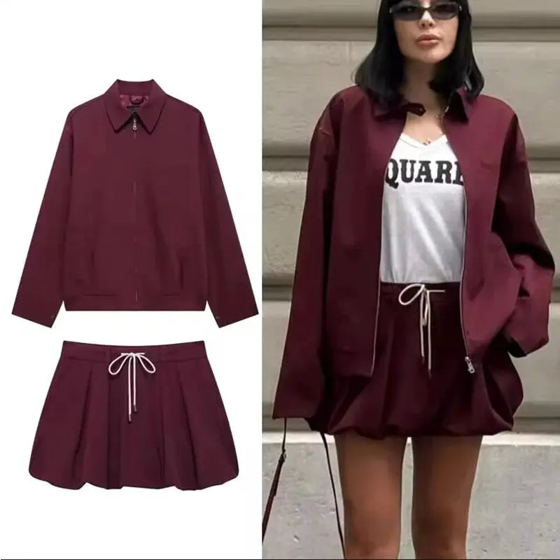 Casual Women Two Piece Set Lace Up Jacket Lantern Sleeve Mini Skirt