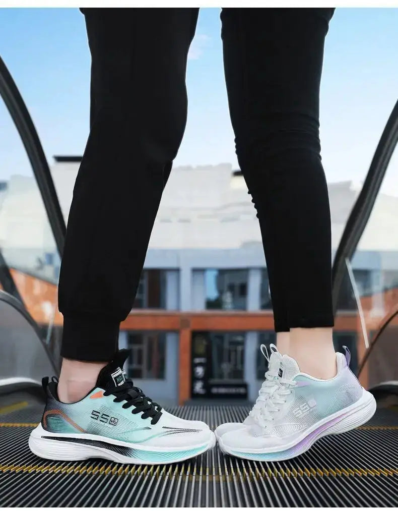 Simples Market men's running shoes; two pastel sneakers on escalator, left teal-gradient with black laces, right white.