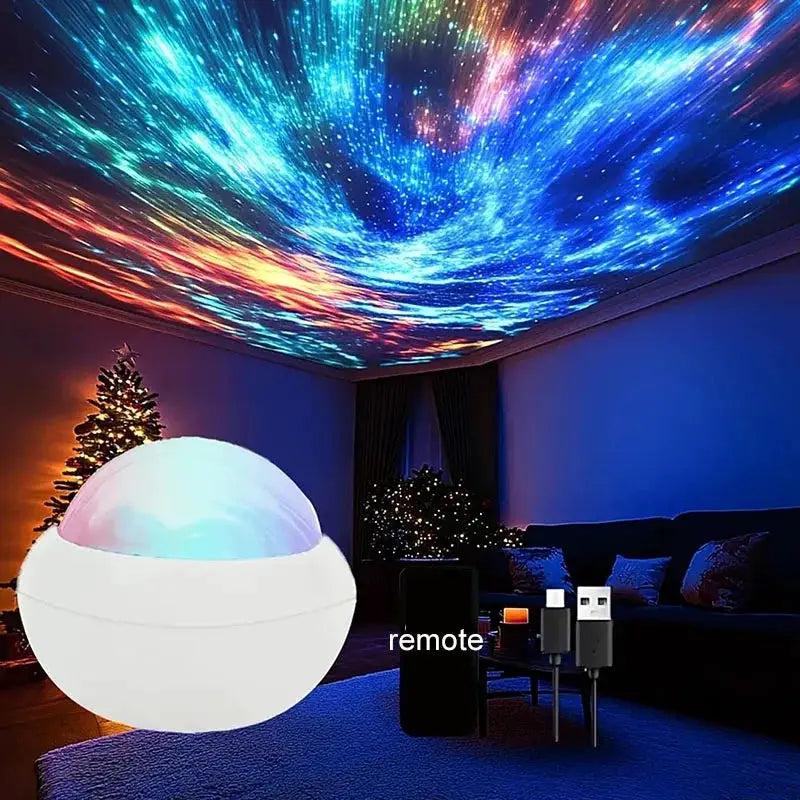Northern Light projector lamp, white sphere projecting RGB aurora with remote and USB power, 360° rotation