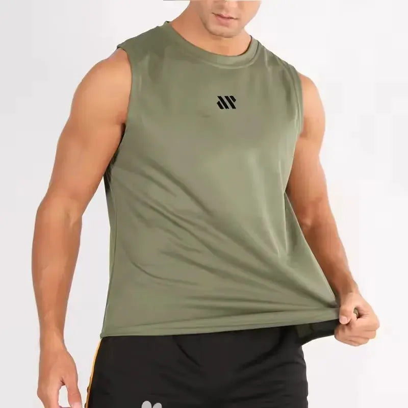 Simples Market men's bodybuilding mesh sleeveless gym vest in olive green with logo
