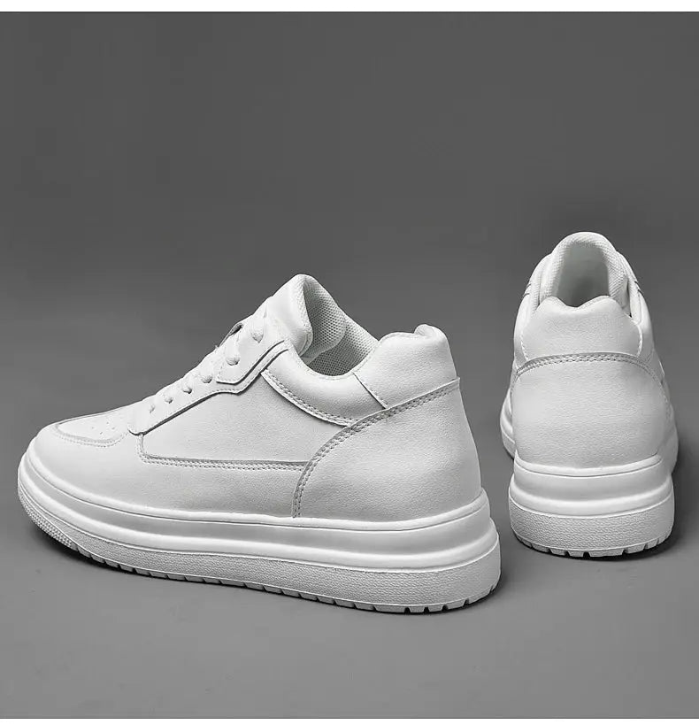 Men's white leather elevator sneakers, casual height-increasing shoes with 6/8/10cm lift