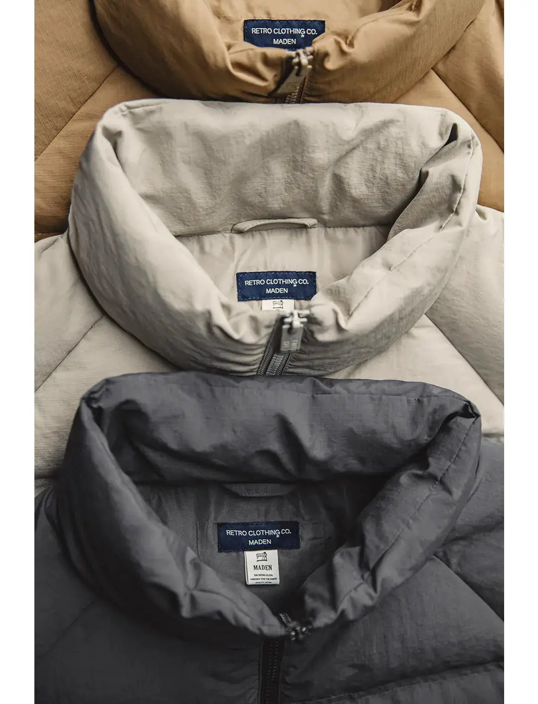 Maden men's winter down jacket; three colorways tan/gray/charcoal with stand-up collars, Retro Clothing Co. Maden tag