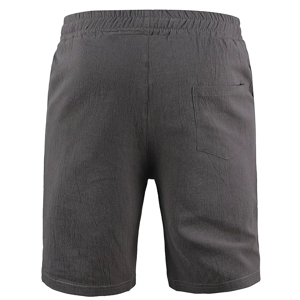 Men's cotton-linen shorts in charcoal gray with elastic waistband and back pocket.