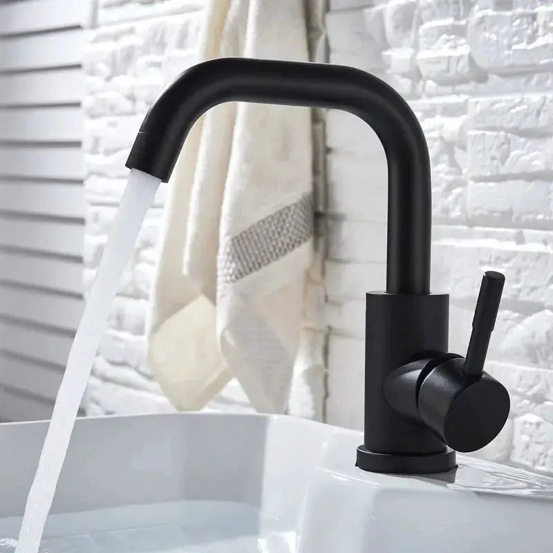 Matte black 304 stainless steel bathroom basin faucet with 360° rotating spout, single-handle hot and cold mixer