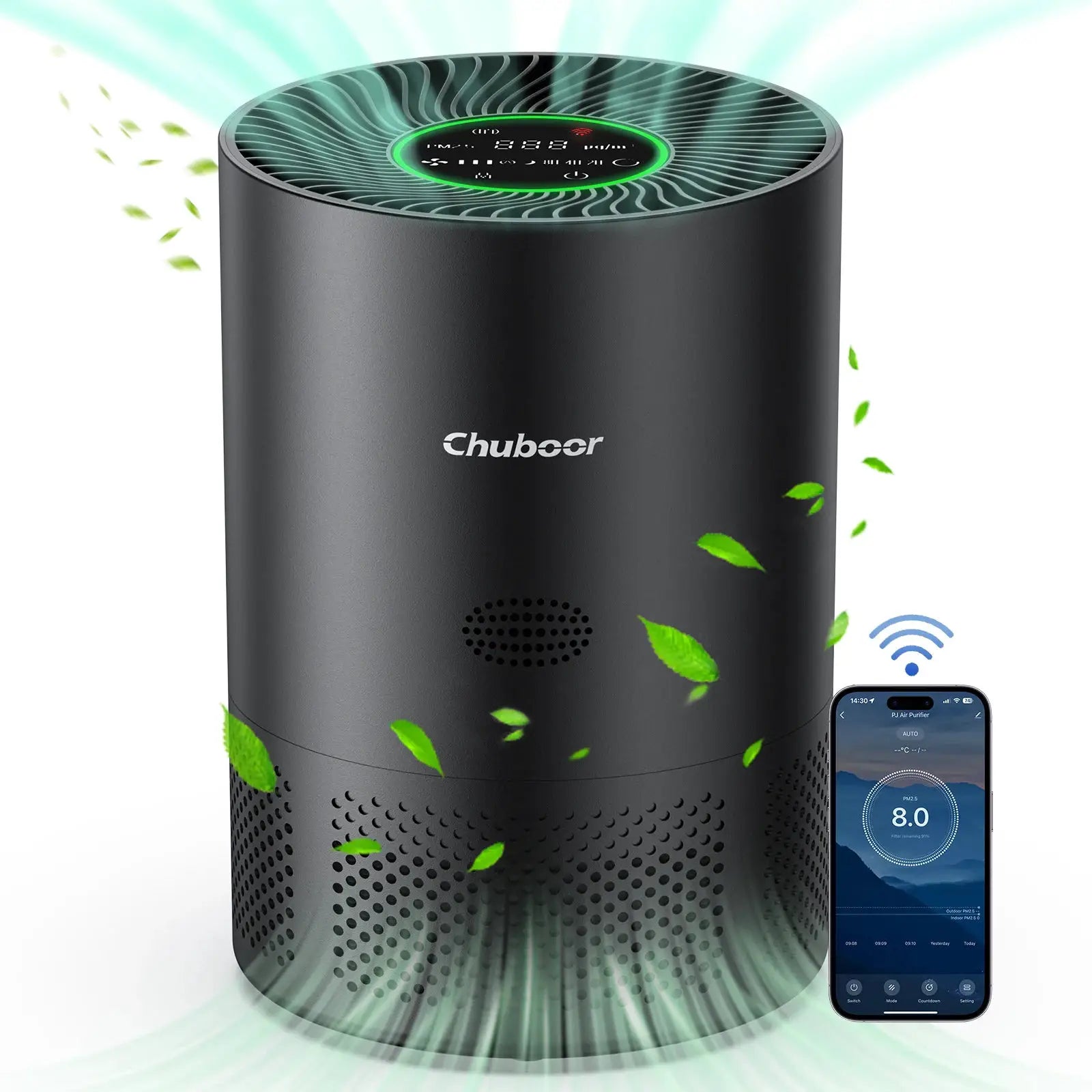 Chuboor air purifier, black cylindrical unit with app control and H13 true HEPA for up to 40 m²