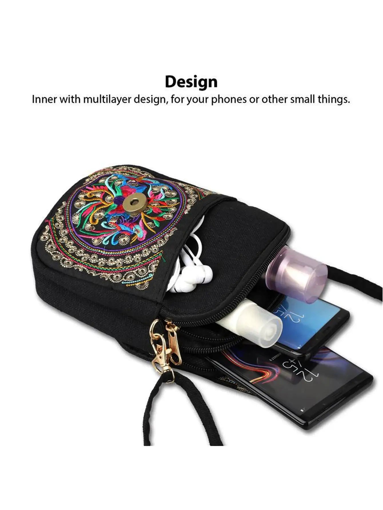 Simples Market stylish women's embroidered crossbody phone bag in black canvas, small with zipper