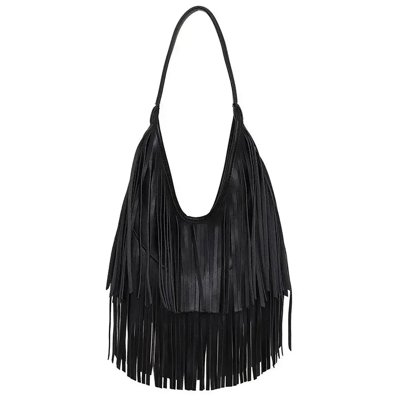 Fringe tassel handbag in black PU leather with long shoulder strap by Simples Market