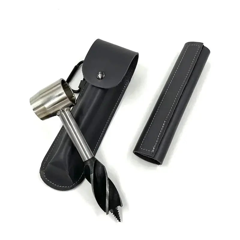 Auger wrench hand drill set with metal bit and black leather sheath by Simples Market