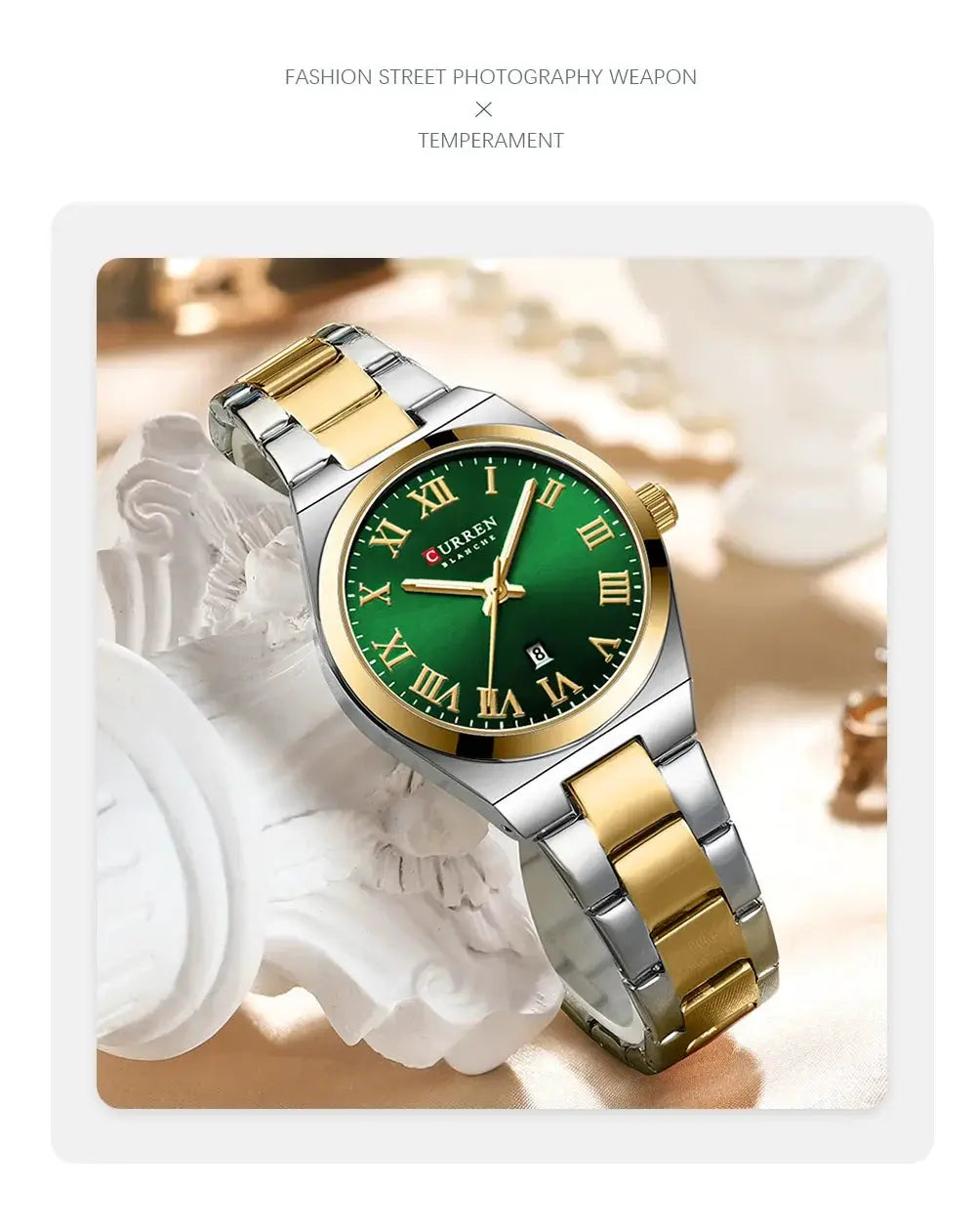 CURREN women's stainless steel watch with a two-tone bracelet, green dial, Roman numerals and date window