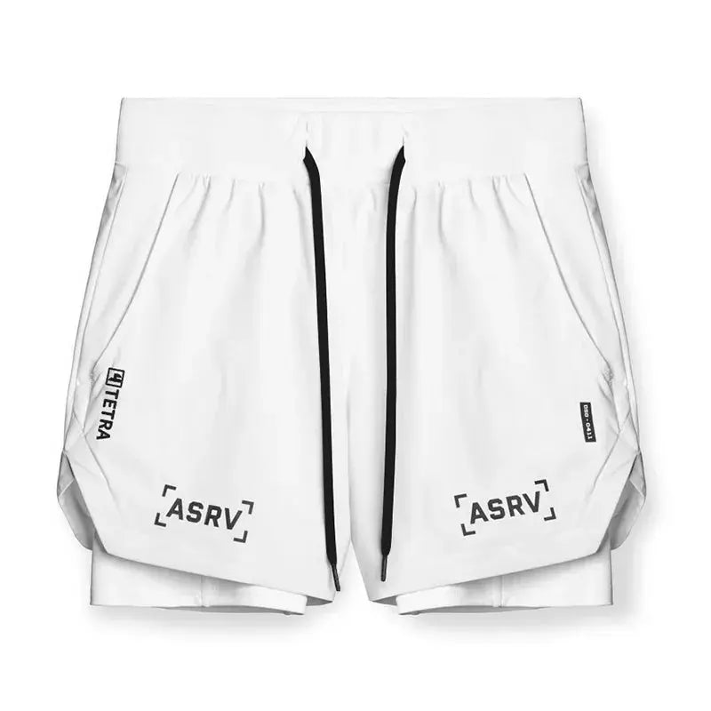 ASRV white 2-in-1 double-deck quick-dry shorts with black drawstrings and ASRV branding