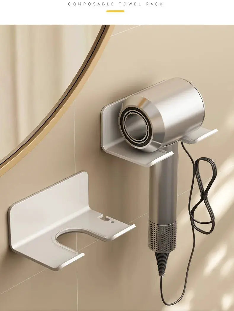 Hair dryer wall mount with curved metal holder and white nail-free shelf; two-piece bathroom storage set