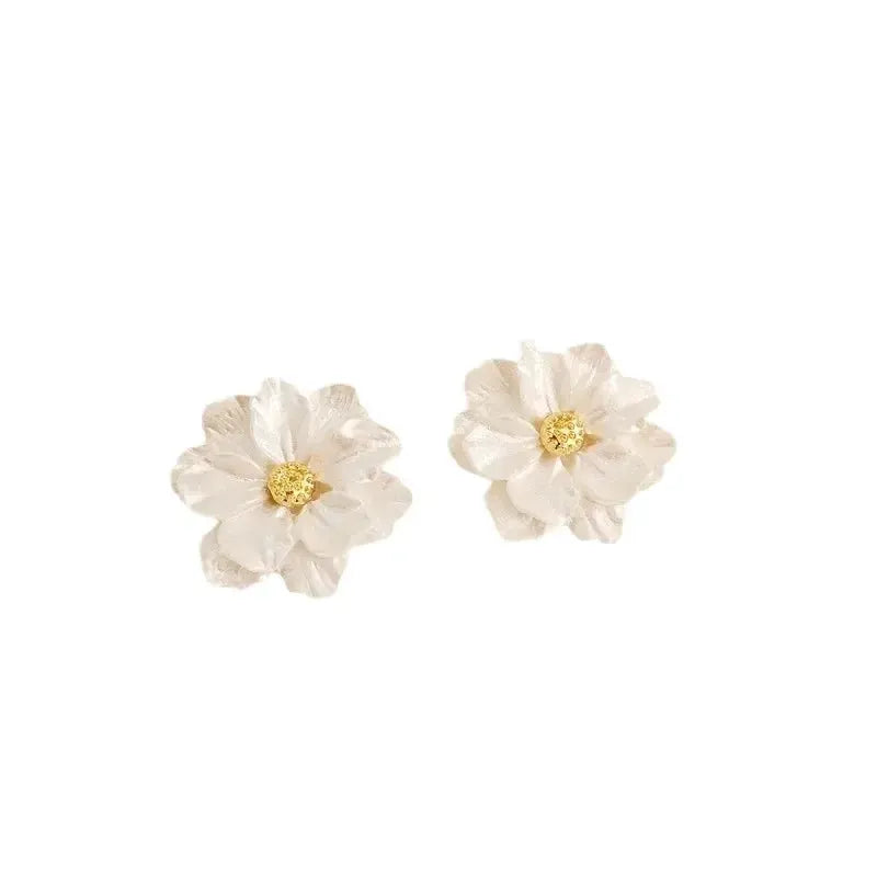 Pair of white enamel flower earrings with gold centers for women, fashion jewelry
