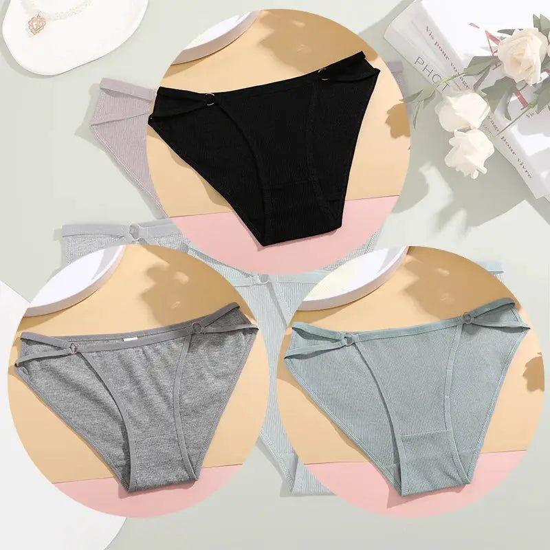 Simples Market 3-piece women's breathable cotton striped panties set in black, gray, and light teal.