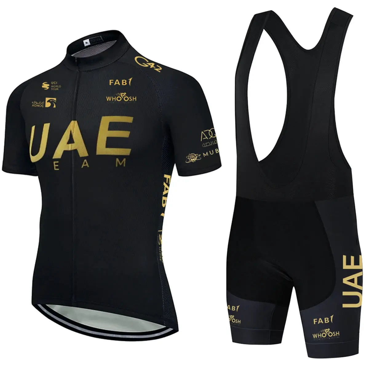 UAE Cycling Jersey Set, men's black kit with gold logos, includes bib shorts, Simples Market