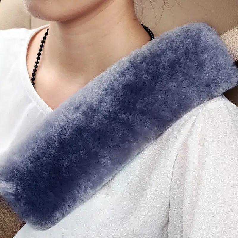 Car seat belt cover shoulder warmer pad, blue plush fur, interior car accessory