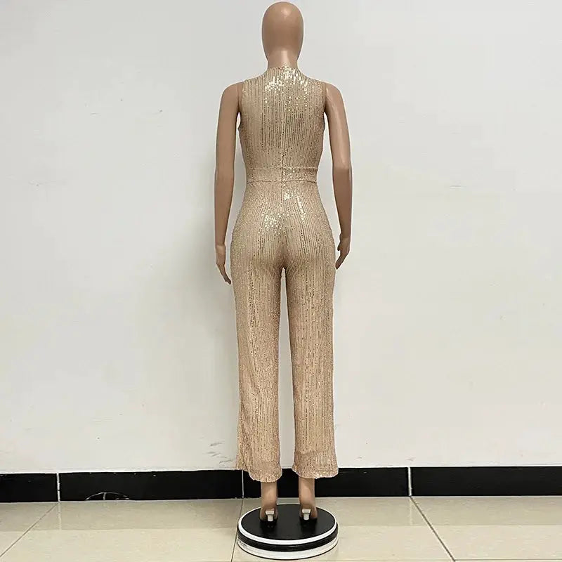 Simples Market sequin jumpsuit for women, champagne-beige sleeveless high-waisted fitted glam