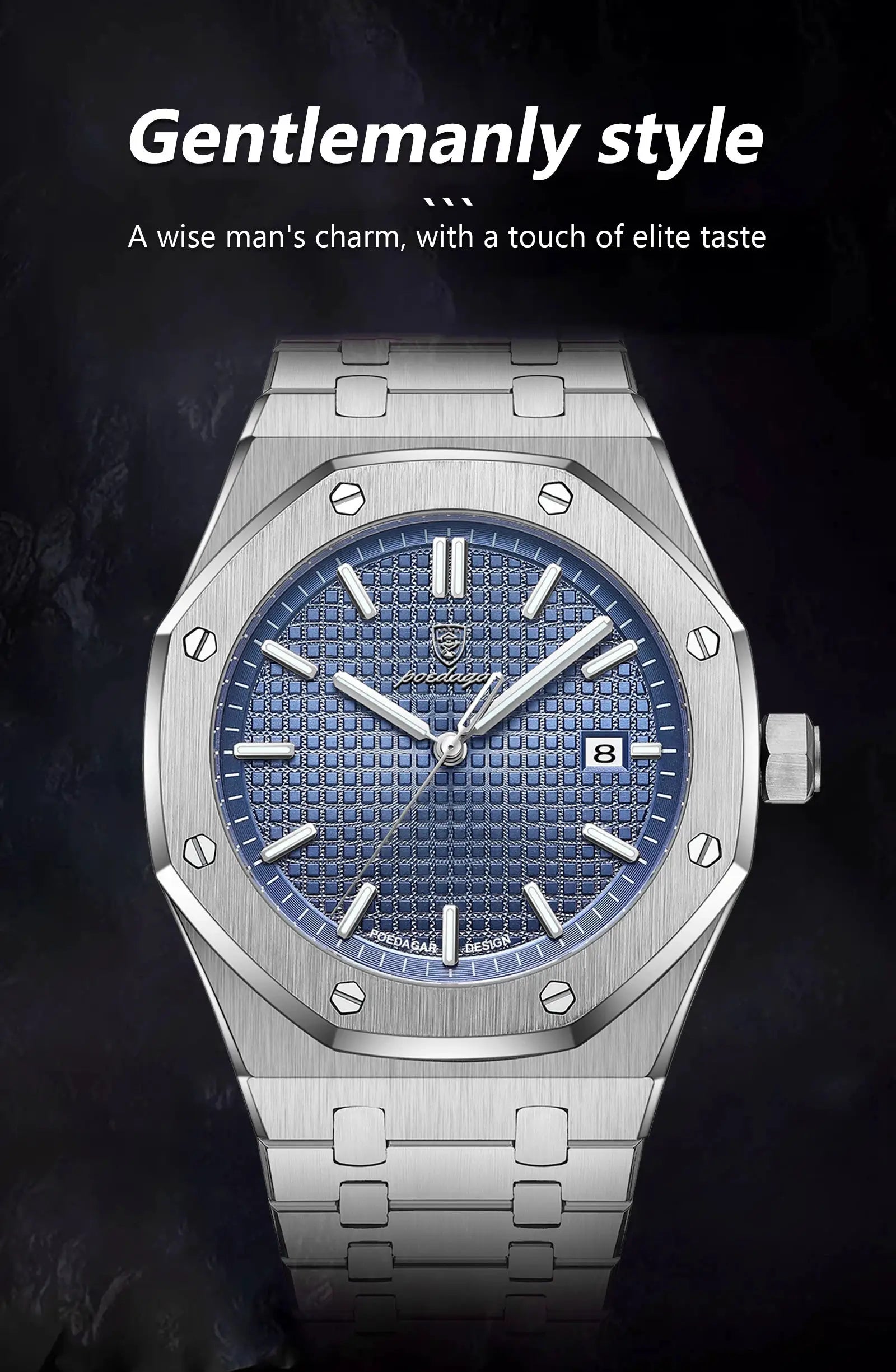 POEDAGAR luxury men's stainless steel wristwatch with blue textured dial, luminous hands and date window