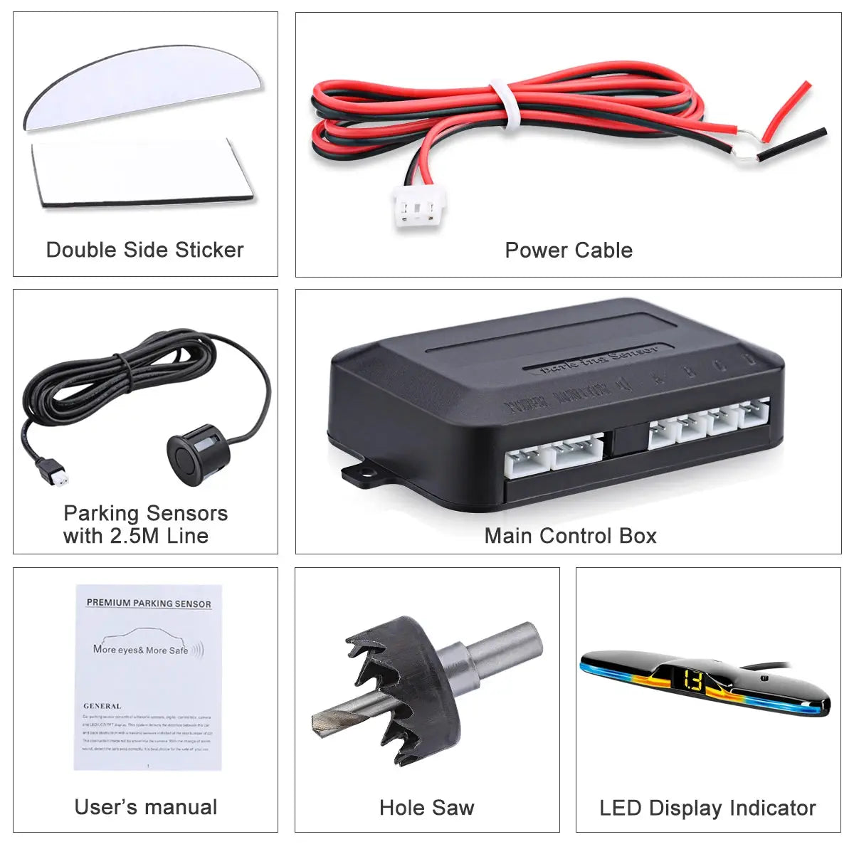 Car reverse radar kit by Simples Market with 4 parking sensors, main control box, power cable, and LED distance display