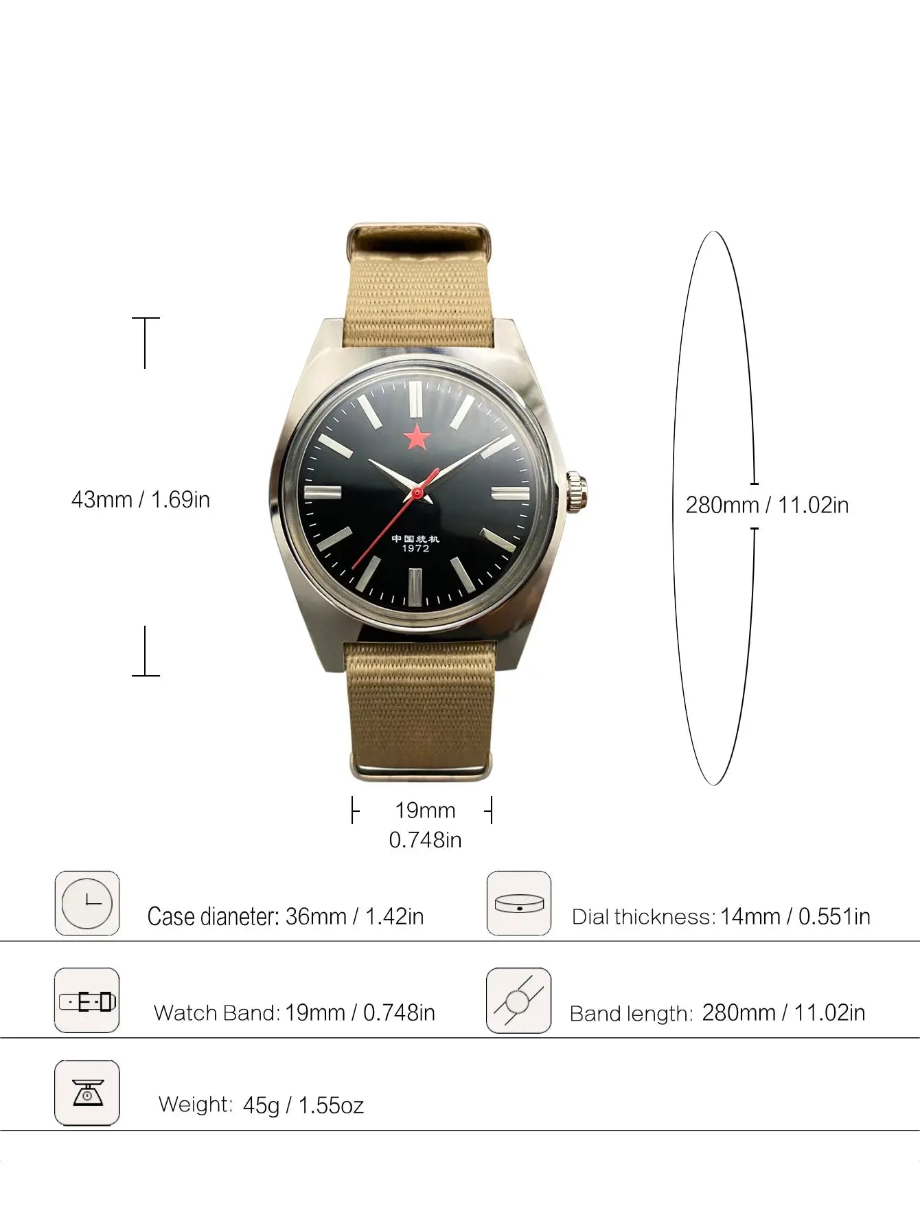 Mens Shanghai 8120 mechanical watch by Simples Market; black dial with red star, 36mm case, tan fabric strap