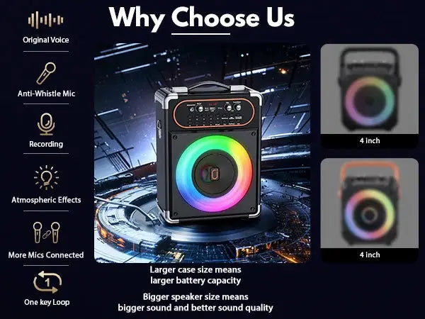 Simples Market S68 Kara Ok portable Bluetooth 5.3 speaker with two mics, RGB LED ring, for outdoor parties