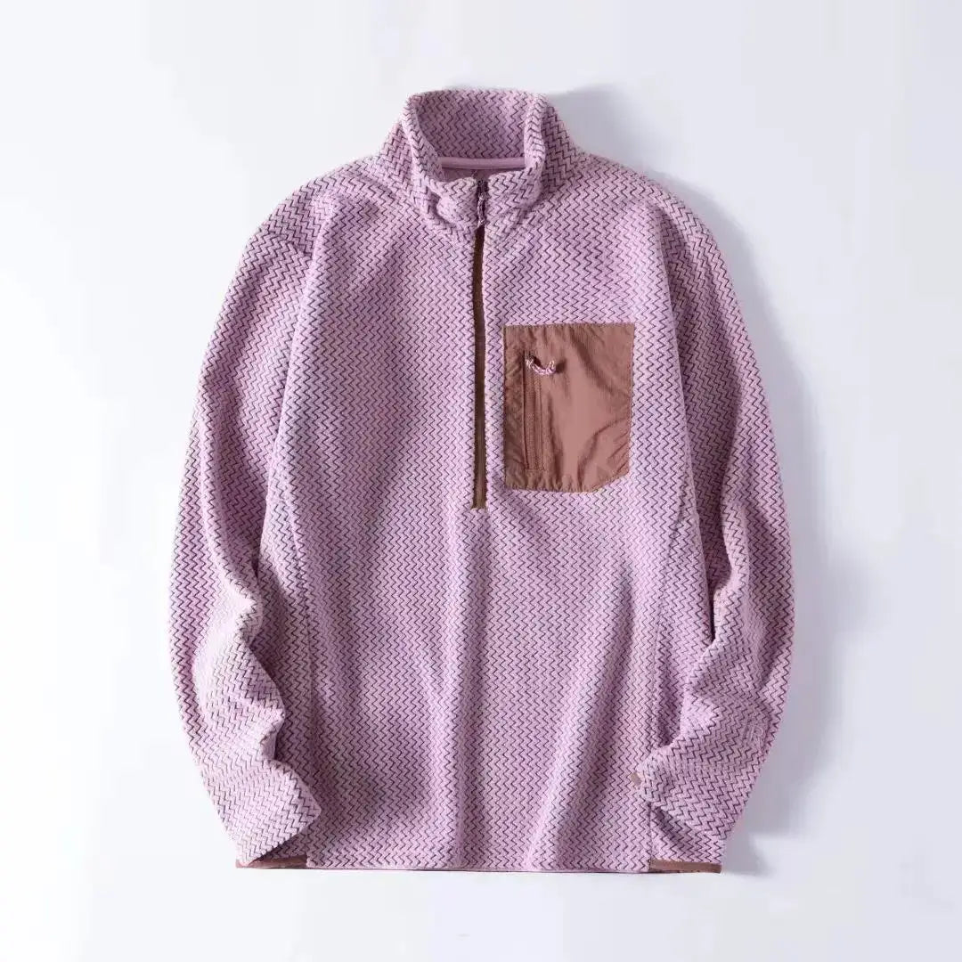 Unisex pink wavy-fleece sweatshirt with brown chest pocket and half-zip