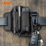 Horn leather tactical belt holster with multi-tool pockets and car key ring, black PU leather